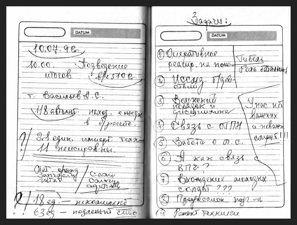 
Из рабочих записей Владимира Максимчука в Управлении пожарной охраны Москвы, 10 июля 1992 года
